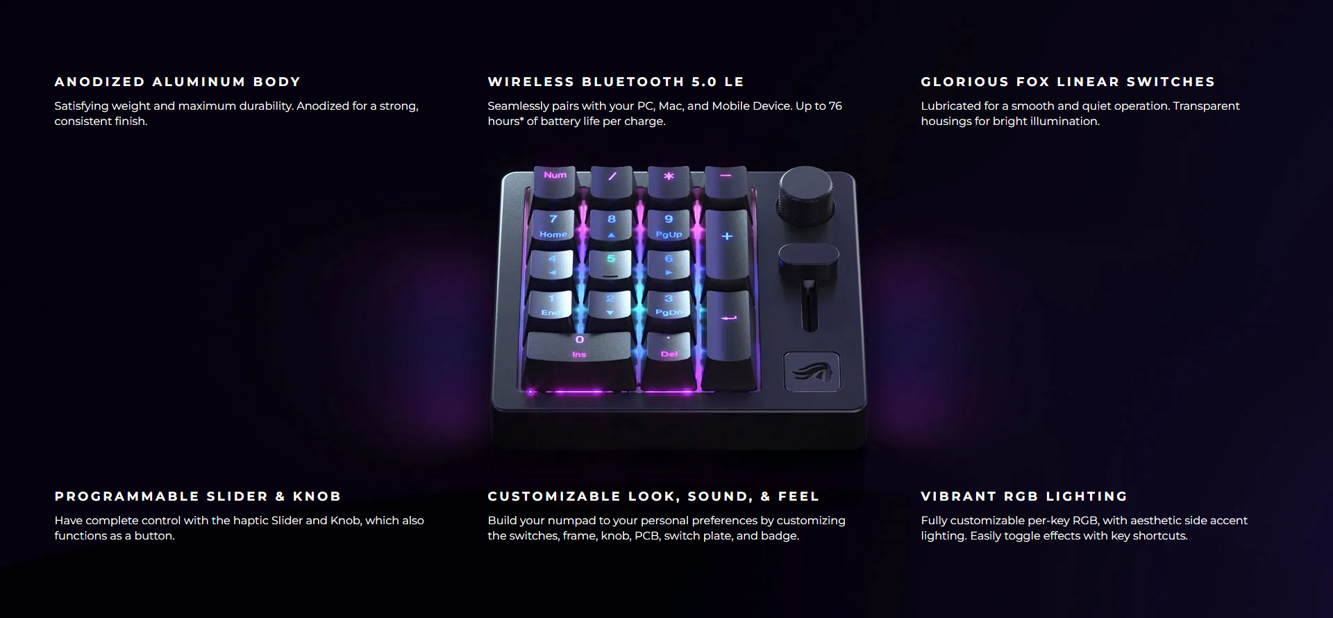 A large marketing image providing additional information about the product Glorious Prebuilt Mechanical Numpad - Black Slate - Additional alt info not provided